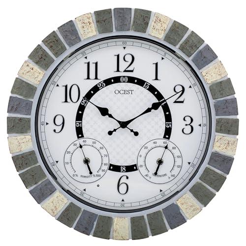 OCEST 18 Inch Outdoor Wall Clock with Night Light, Waterproof Thermometer & Hygrometer Combo, Battery Operated Silent Non-Ticking Large Patio Clock for Garden, Pool, Porch (Rustic Gray)