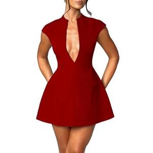 LuFeng Women's Summer Sexy Cap Sleeve Deep V Neck Zipper A-line Mini Dress Hollow Bodycon Night Out Party Dress, L