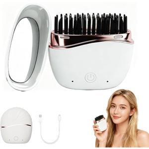 Cordless Mini Hair Straightener Brush - Rechargeable Battery-Powered, Portable with 2 Temperature Settings & Built-in Mirror for Travel, RV, Outdoor