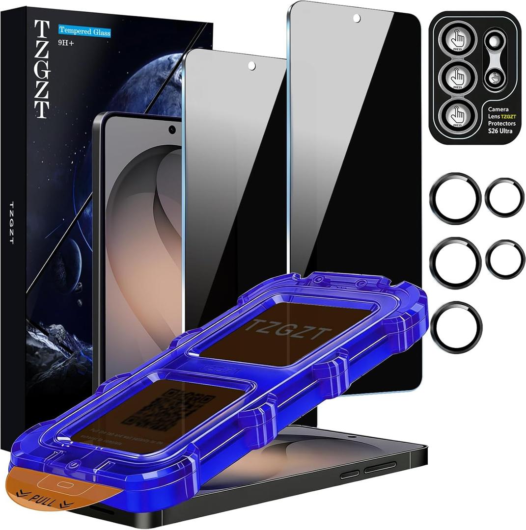 TZGZT 2 Pack for Samsung Galaxy S26 Ultra Privacy Screen Protector, Private Tempered Glass Film, Aluminum Metal Camera Lens Protector Accessories, Automatic 0 Bubble Installation, Case Friendly