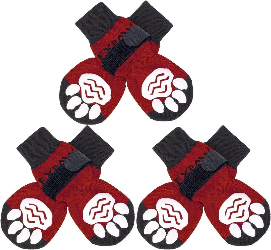EXPAWLORER 6PCS Anti-Slip Dog Socks to Prevent Licking Paws,Dog Shoes for Hot Pavement,Best Paw Protector Traction Control on Hardwood Floor,Dog Booties for Puppy Small Medium Large Senior Dogs (Red)