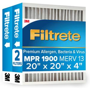 Filtrete 20x20x4 AC Furnace Air Filter, MERV 13, MPR 1900, Premium Allergen, Bacteria & Virus Filter, Electrostatic Air Cleaning Filter, 2-Pack (Actual Size 19.75 x 19.75 x 4.31 in)