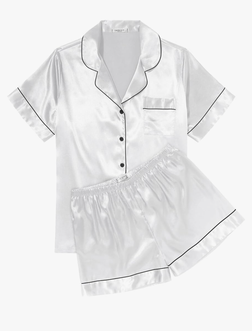 Ekouaer Womens Silk Satin Pajama Sets Soft Short Sleeve Button Down Sleepwear Top and Shorts 2 Piece Pjs Lounge Size M