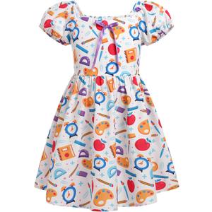 IMEKIS Toddler Kids Girls Back to School Dress Smocked Dress Pencil Print Kindergarten First Day of School Outfit 5-6Y