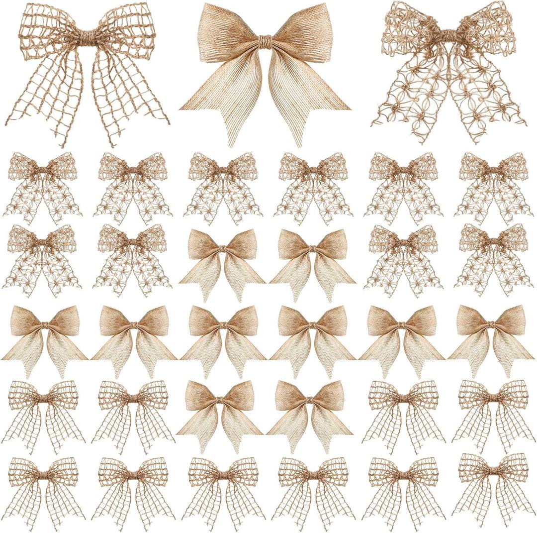 WILLBOND 30 Pcs Natural Knot Burlap Bows for Wreath, Tree, Farmhouse, Holiday Decor - Classic Style