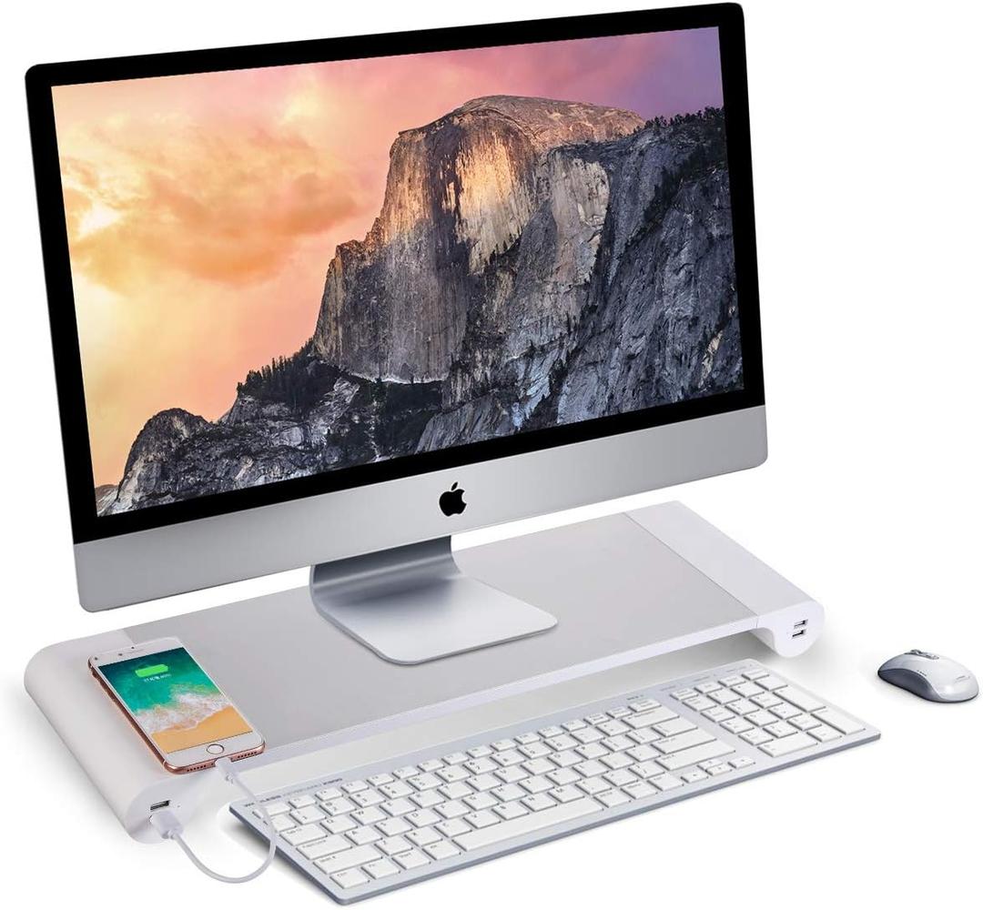 PG Desktop monitor stand with 4 USB charging ports - Convenient keyboard organiser and monitor raising stand for laptops, TVs, printers, fax machines and computers - Convenient desktop organiser