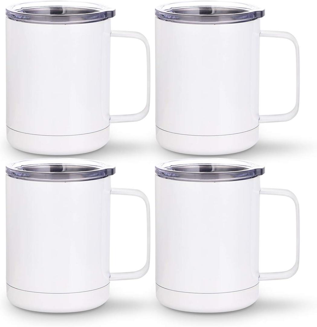 PYD Life Sublimation Coffee Mugs 10 OZ White Blanks Stainless Steel Double Wall Tumbler with Handle and Lid for Mug Tumbler Press Machine Sublimation Print 4 Pack