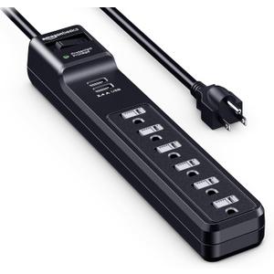 Amazon Basics Surge Protector Power Strip with 2 USB Ports, 6 Outlet Extension Cord, 1000 Joule, Rectangle, 6 ft Cord Length, Black