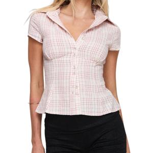 Women's Plaid Shirt Button-up Short Sleeve Collared Slim Fit Casual Summer Blouse Tops (Pink, S)