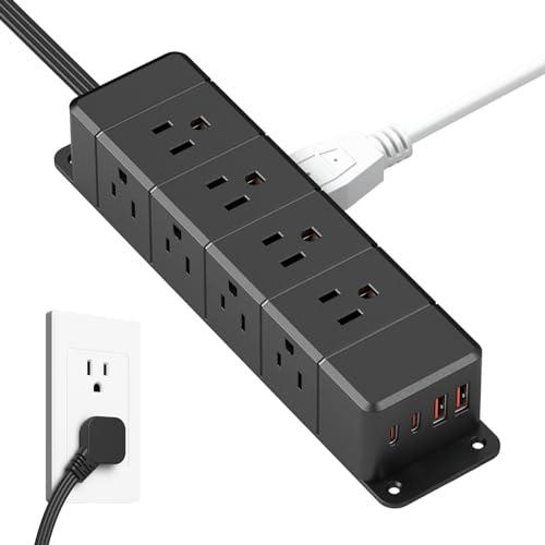 45W USB-C Fast Charging Under Desk Power Strip,12 Outlet Mountable Power Strip with 4 USB,1200J Surge Protection,10FT Flat Extension Cord Black