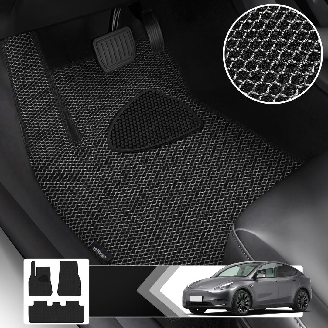 Mibao Floor Mats for Tesla Model Y Floor Mats, All-Weather Car Mats, Anti-Slip Waterproof Automotive Floor Mats, Car Carpet Floor Liner Accseeories Odorless for Tesla 5-Seater, Full Set 3-Piece, Black (PVC)