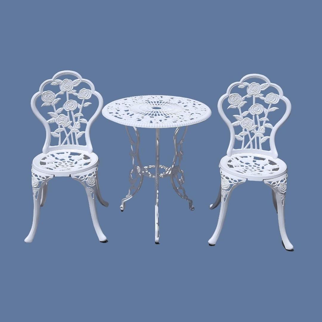 KAILI Outdoor Furniture Bistro Set with Rose Pattern 1 Table 2 Chairs for Garden Patio Porch (Rose-White), Onesize