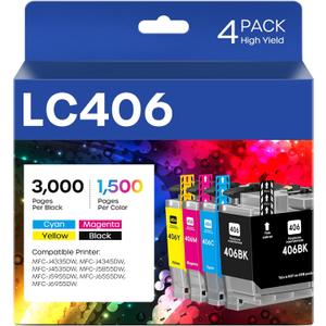 LC406 Ink Cartridges Compatible for Brother LC406 LC406XL LC 406 XL Work for Brother MFC-J4335DW MFC-J5855DW MFC-J4535DW MFC-J6555DW MFC-J6955DW Printer (4 Pack, Black, Cyan, Magenta, Yellow)