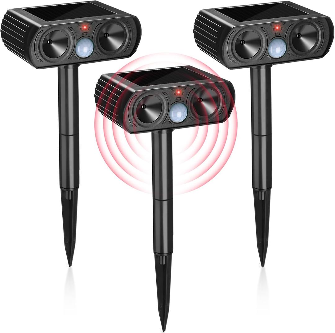 Qualirey 3 Pack 2025 Solar Ultrasonic Animal Repellent Outdoor Sonic Deer Repellent Devices Deterrent Away Cat Dog Raccoon Rabbit Pet with Motion Sensor Weatherproof General for Garden Yard Farm Lawn