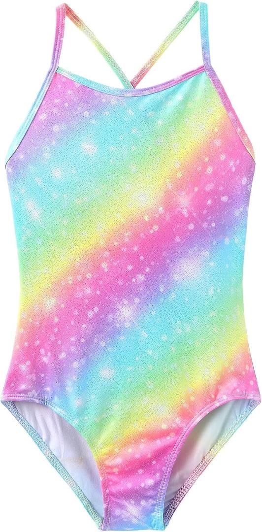 iLover Girls Sparkle One Piece Swimsuits Crossback Swimwear Beach Bathing Suit with Adjustable Strap, 9-10 Years