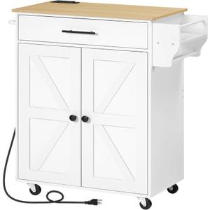 HOOBRO Kitchen Island with Power Outlet, Rolling Kitchen Island with Large Worktop, Kitchen Island Cart with Spice Rack and Drawer, Island Table for Dining Room, White and Natural WN88UZD01