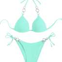 WDIRARA Women's Rhinestone Push Up Halter Bikini Set Swimsuit Two Piece Tie Side Bathing Suit (Large, Mint Green)