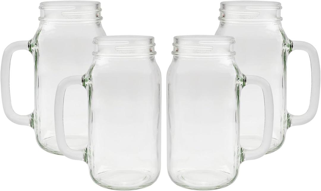 Darware Mason Jar Mugs with Handles (24oz, Clear, 4-Pack); Glass Drinking Glasses for Cold Beverages, Decoration, Storage, Party Favors, Cocktails, Floats