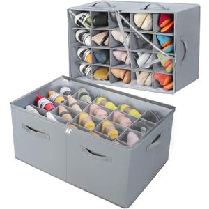 TOPIA HOME Shoe Organizer for Closet 2 Pack, Foldable Shoe Box with Adjustable Dividers and Clear Cover, Space Saving Shoe Storage Organizer Cabinet with Reinforced Handles, Fits 40 Pairs, Gray, TP11G