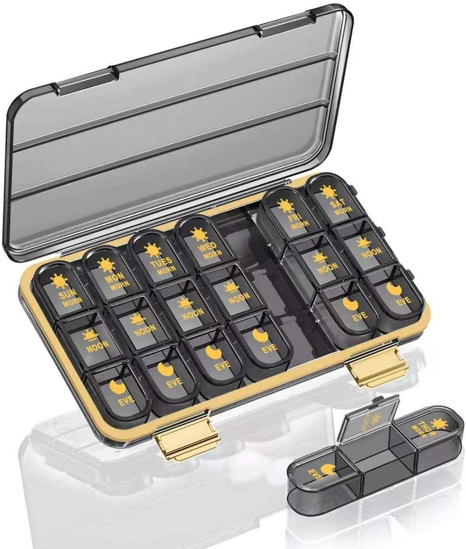 Acedada Weekly Pill Organizer 3 Times A Day, Large 7 Day Pill Box 3X A Day, Portable Medicine Container with 21 Compartments, Daily Travel Pill Case for Vitamins Supplements Fish Oils, Black