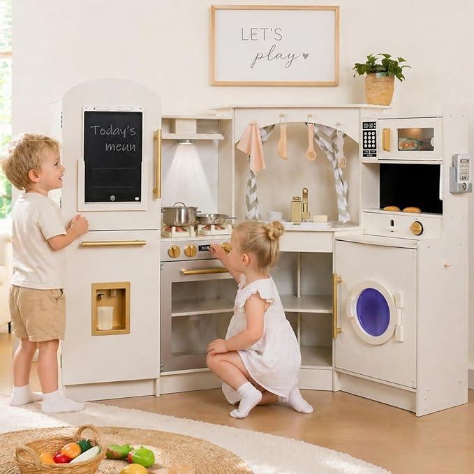 Wooden Corner Play Kitchen Sets with Ice Maker,Water Dispenser,Bread Maker,Washing Machine,Electronic Display,Toy Sink with Running Water,Stove with Light&Sounds, Birthday Gift for 3+Boys Girl