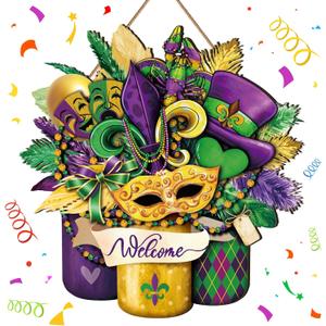 Boao Welcome Mardi Gras Door Decorations Mardi Gras Sign Hanging Decoration wall Hanger Masquerade Carnival Wreath for Outdoor Farmhouse Porch Front Door Decor