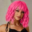 Short Pink Wigs for Women Short Wavy Hot Pink Wigs with Bangs Synthetic Curly Bob Wig Curly Shoulder Length Cosplay Wig for Women Girls