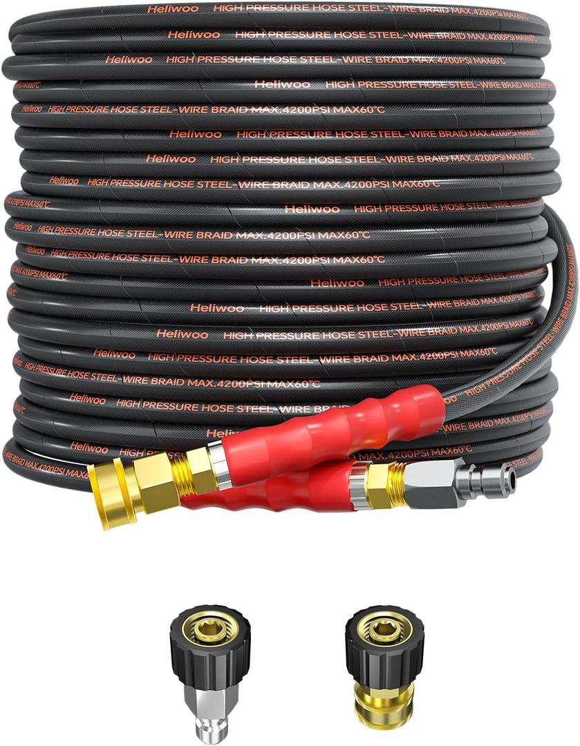 Pressure Washer Hose 50FT, 4200PSI Wire Braid Power Washer Extension Hose 1/4 Inch High Tensile, Flexible Kink Resistant Heavy Duty Replacement Hose with 3/8 Quick Connect