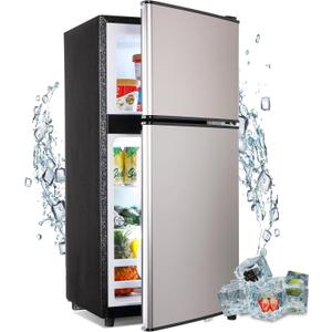 Mini Refrigerator with Freezer, 3.5 Cu. Ft. Small Fridge with Freezer 2 Door Mini Fridge with 7-Level Adjustable Thermostat Removable Shelves, Compact Refrigerator for Office/Dorm/College/RV, Silver