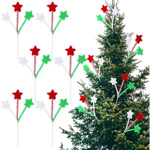 Jetec 6 Pcs Star Tree Picks for Christmas Tree Decorations, Green Red White 3 Head Woolen Star Picks, 14.9 Inch Plush Stars Ornaments Topper Branches for Xmas Home Office Vase Filler Party Supplies
