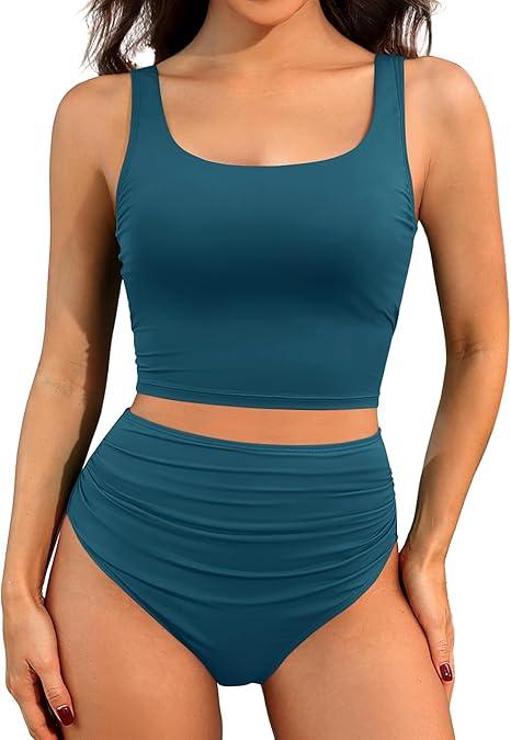Women One Piece Tankini Swimsuits - Crop Swim Top with High Waisted Bottom Tummy Control Bathing Suits Swimwear S Blue Green