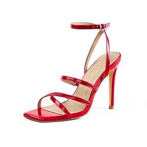 Elisabet Tang Women's Heels Sandals Square Toe Shoes Stiletto Heeled Strappy Sandals For Women Open Toe Sexy Dress Shoes Red 6