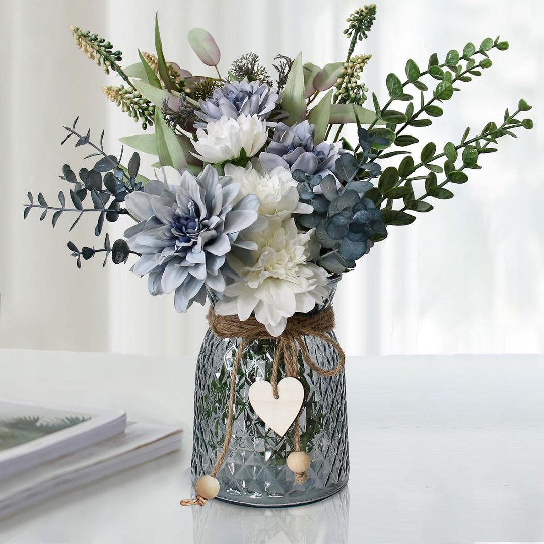 Leftover Fake Flowers in Vase,Faux Flowers in Vase,Table Centerpieces for Dining Room,Flower Centerpieces for Tables,Artificial Flowers,Kitchen Decor,Coffee Table Decor (Blue)