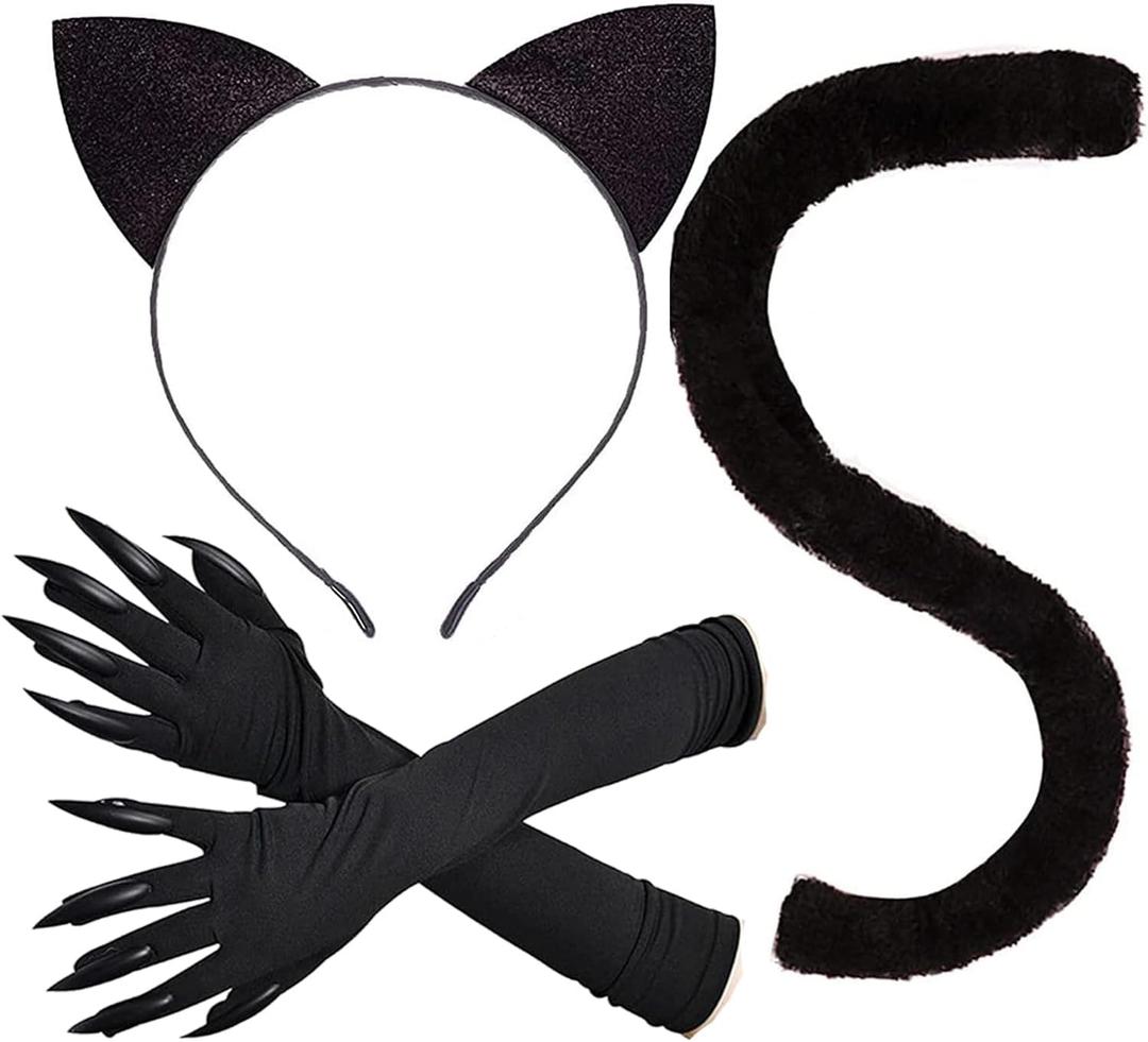 FUEAWIM Cat Ears and Tail Glove - Black Cat Costume Accessories for Women - Halloween Cosplay