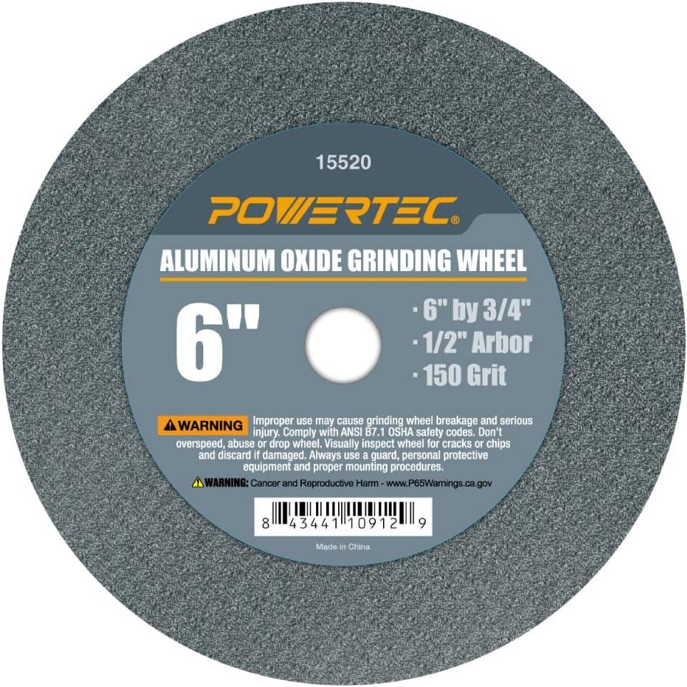 POWERTEC Bench Grinder Wheel 6 Inch 150 Grit, Aluminum Oxide Grinding Wheel for Bench Pedestal Grinder, 3/4" Thick 1/2" Arbor, Sharpening & Shaping Drill Bits, Blade, and Chisel 1PK (15520)