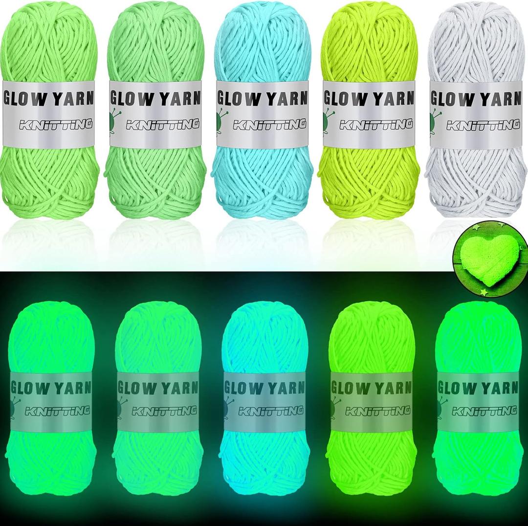 WILLBOND 5 Rolls Glow in The Dark Magic Yarn Luminous Neon Crochet Yarn for Crocheting DIY Knitting Glow Fingering Sewing Supplies for Crafts Sewing Party 54.7 yd Per Roll (Classic Colors)