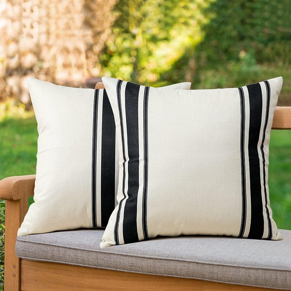 OTOSTAR Pack of 2 Outdoor Waterproof Decorative Pillow Covers 20x20 Inch Linen Geometry Pillowcases Cushion Case Garden Throw Pillow Covers Pillows Shell for Patio Furniture Couch Tent Balcony (Black)