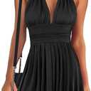 Women's Halter Deep V Neck Mini Dress Summer Backless Sleeveless Sexy Party Club Cocktail Dresses, Large