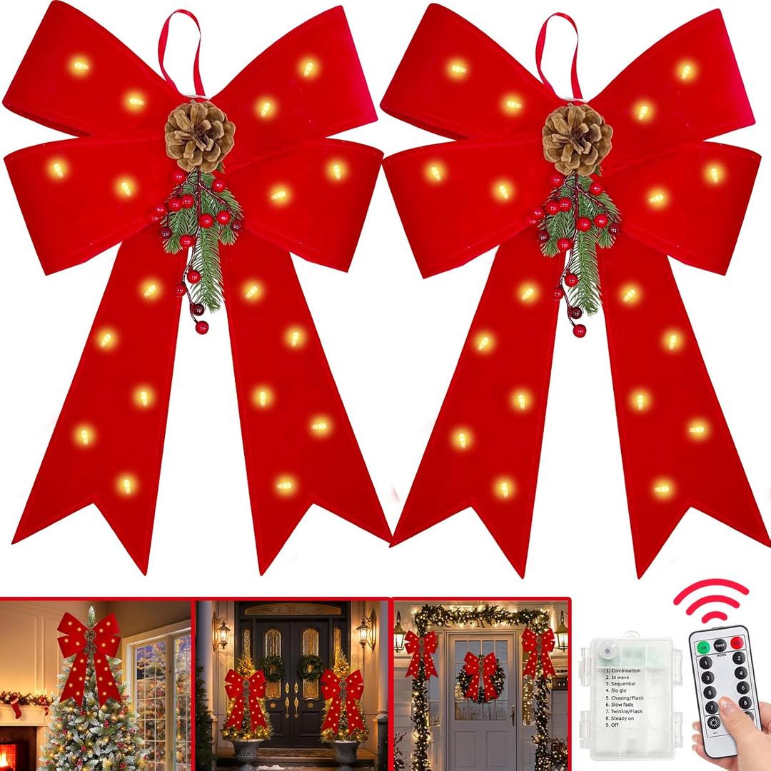2 Pack 24'' x 14'' Prelit Large Christmas Bows Decorations with 20 Lights & Timer Remote, 8 Modes Battery Operated Red Velvet Xmas Bows for Wreaths Garland Christmas Tree Topper Outdoor Indoor Home