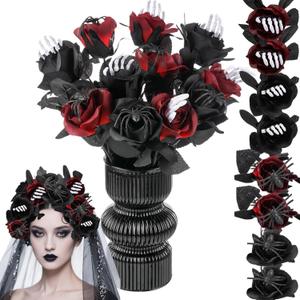 12 Pcs Halloween Artificial Roses Bouquet Long Stem Faux Red and Black Roses Bundles Fake Flowers with Skeleton Spider Halloween Floral Picks for Vase Arrangements Table Decorations