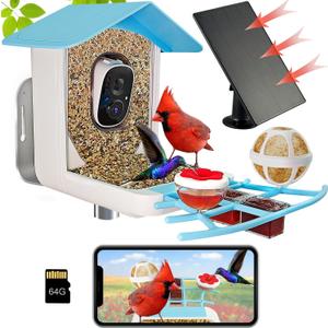 64GB Smart Bird Feeder with Camera Solar Powered, 2K 3MP HD Live Video &Playback on Phone, AI Identify 10K+ Aves, 2.4G WiFi Birdhouse Camera Wireless Outdoor House-Bird Watching (Multi)