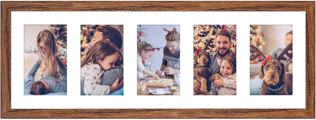 8x24 Collage frame with 5 Openings 4X6 Pictures, Multiple Picture Frame with Mat, Wall or Tabletop Decor, Carbonized Brown Wood Grain (1 Pack)