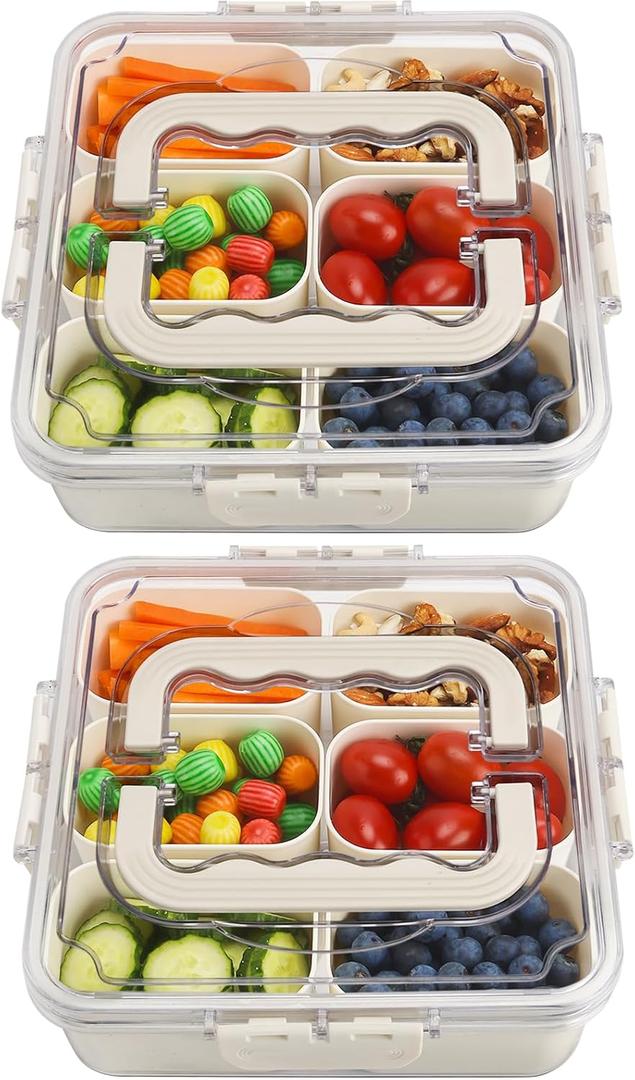 Divided Serving Tray with Lid and Handle, Portable Snack Box Container, 6 Compartments Veggie Fruit Snackle Tray, Charcuterie Platter Container for Party, Nuts, Snacks, Picnic, 2 Pack, SMALL SIZE (White)