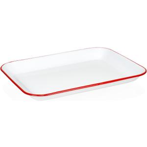 Red Co. 13.5 x 10 Enamelware Metal Classic 1.6-Quart Rectangular Serving Tray, Solid White/Red Rim