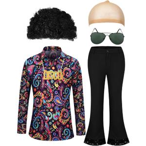 Mepase 6 Pcs Men 70s Disco Costumes Include Retro Shirt Bell Bottom Pants Wig Sunglasses Necklace Wig Cap for Disco Party (Black)