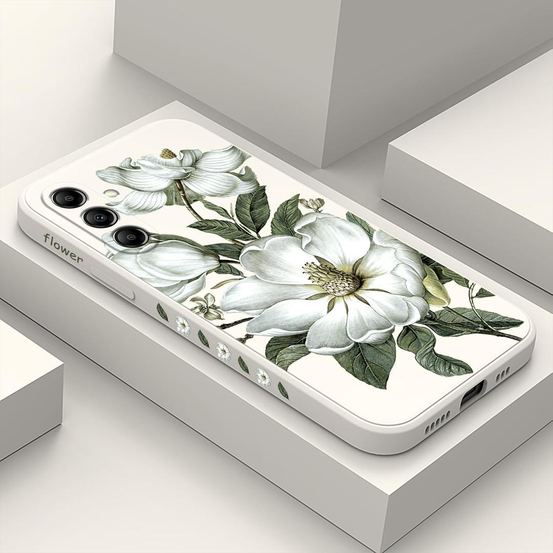 for Samsung Galaxy A15 5G Case Creative Flower Pattern Slim Liquid Silicone Cell Phone Protective for Galaxy A15 5G Cover-Cotton White