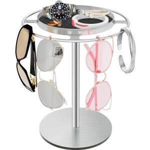 LSK Metal Sunglasses Organizer, Glasses Holder Stand with Storgae Tray, Eyeglasses Holder with Anti-Slip Pads for Tabletop, Desk, Dresser, Brushed Nickel