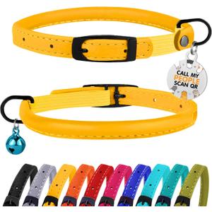 BRONZEDOG Cat Collar with Bell Kitten Rolled Leather Collars Safety QR ID Name Tag (Mustard Yellow)