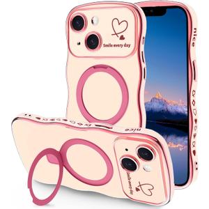 Case for iPhone 14 Plus with Magnetic Stand, Luxury Plating Curly Wavy Frame and Cute Heart Pattern, Lens Edge Raised Protection, Slim Shockproof Soft Case for iPhone 14 Plus-Pink