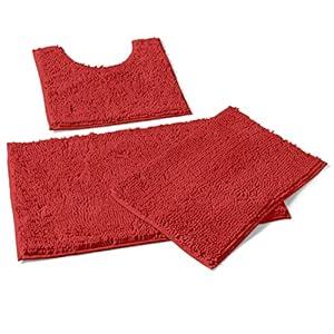 LuxUrux Red Bathroom Rugs Set-Extra-Soft Plush Bath mat Shower Bathroom Rugs, 1'' Chenille Microfiber Material, Super Absorbent (Rectangular Set, Red)